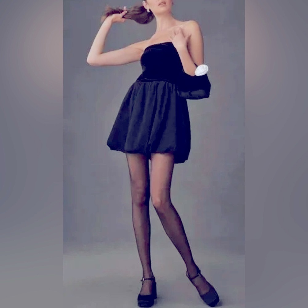 Reformation St Louis Strapless Velvet Bubble Hem Mini Dress Black NWT 12